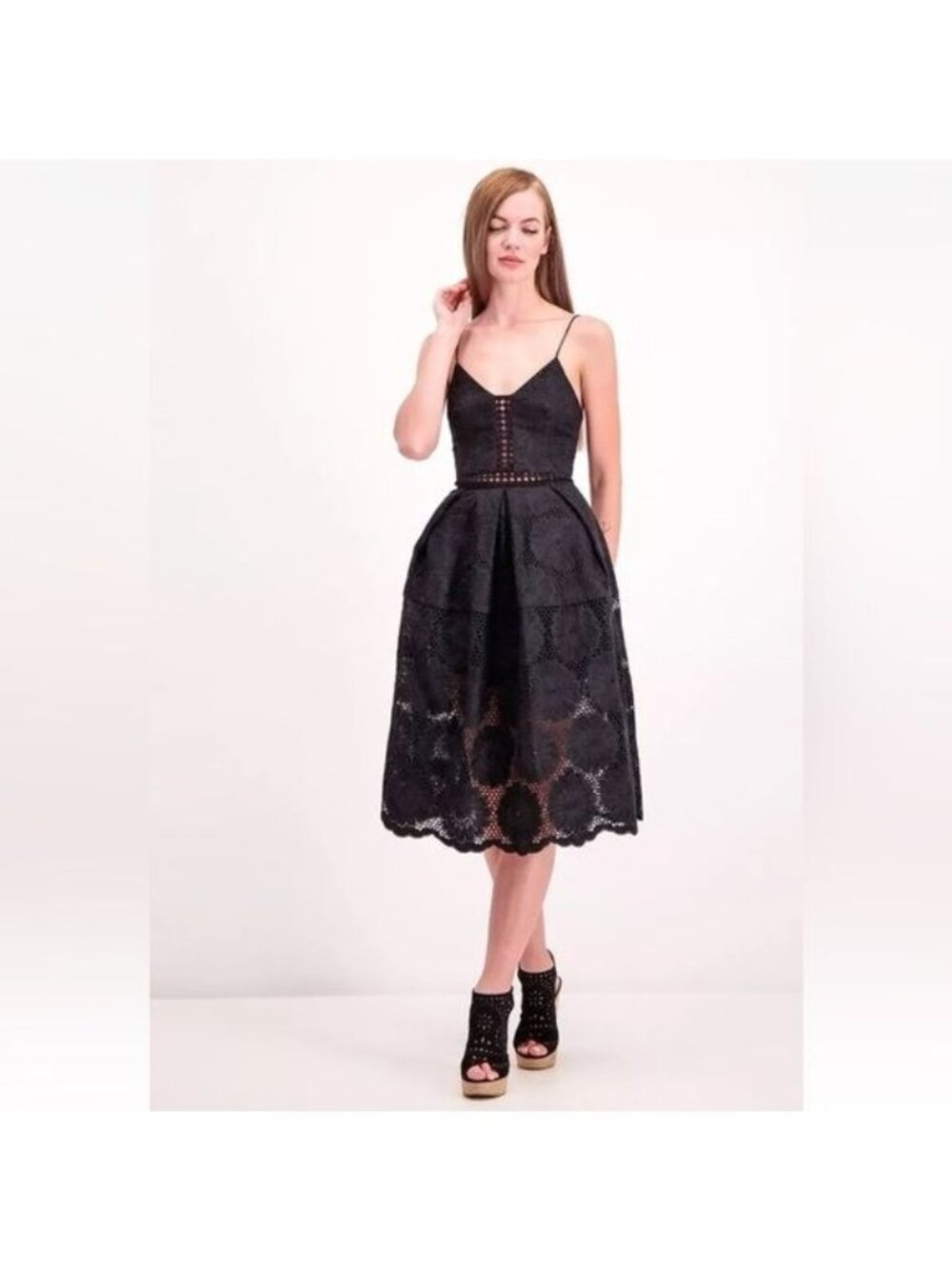 NICHOLAS Black Midi Dress Strappy Embroidered Eyelet Sunflowers Detail 8